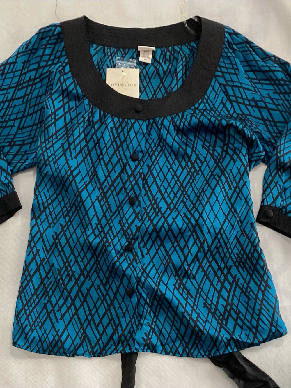 Covington Blue and Black Geometric Button-Front Blouse size large #f3